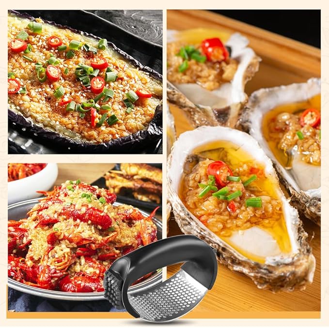 Stainless Steel Garlic Press Rocker, 2025 New Garlic Mincer and Garlic Crusher, Easy-Squeeze Garlic Tool with Peeler and Cleaning Brush for Smashing Garlic (1 Set)