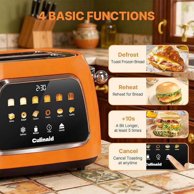 Toaster 2 Slice Smart Touch Screen, Retro 1.5'' Extra Wide Slot Stainless Steel Digital Bread Toaster with Memory Function, Bagel, Defrost, 6 Browning Level and Removable Crumb Tray, Orange