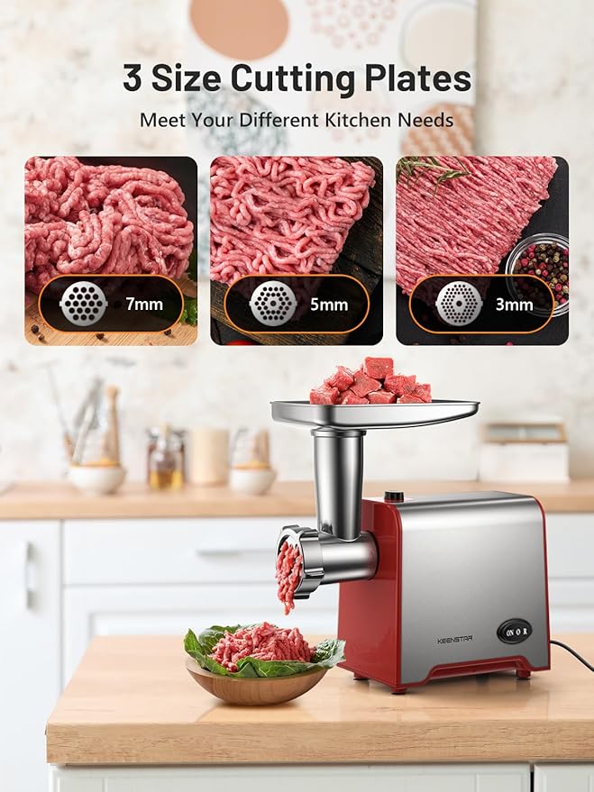 KEENSTAR Electric Meat Grinder, Sausage Stuffer Maker 450W Food Grinder with Blade & 3 Plates, Sausage Stuffer Tubes & Kubbe Kit, Stainless Steel Meat Mincer Machine for Home Kitchen Use (Red)