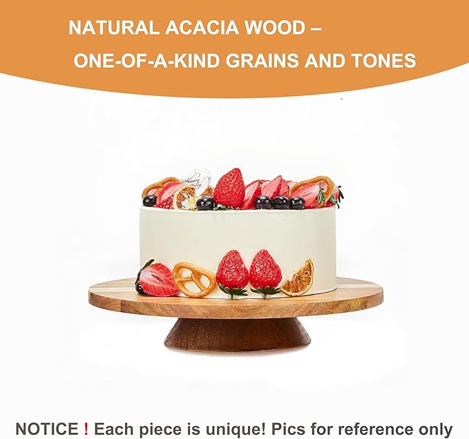 12" Acacia Wood Revolving Cake Stand, 2" High Rotating Cake Turntable, Wooden Rotating Display Stand for Cake, Cupcake Decorating Supplies