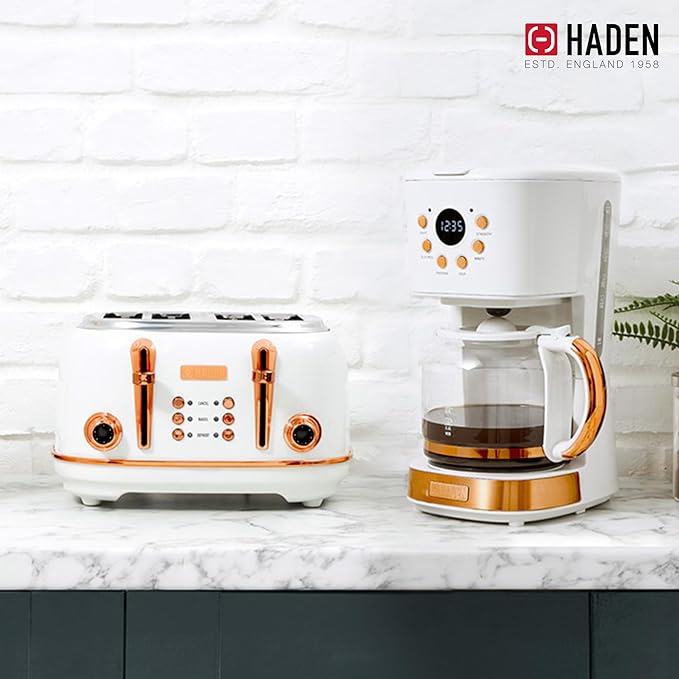 Haden Heritage 4 Slice Wide Slot Stainless Steel Toaster Bundled with 12 Cup Programmable Drip Coffee Maker Coffee Machine, Ivory & Copper