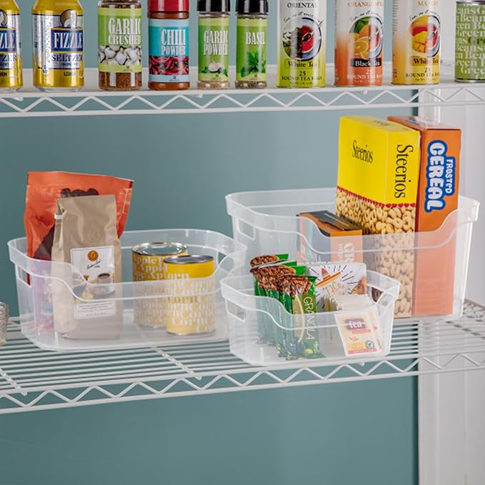 Sterilite 7 x 11 x 14.25 Inch Polished Open Scoop Front Storage Bin with Comfortable Carry Through Handles for Household Organization, Clear (18 Pack)
