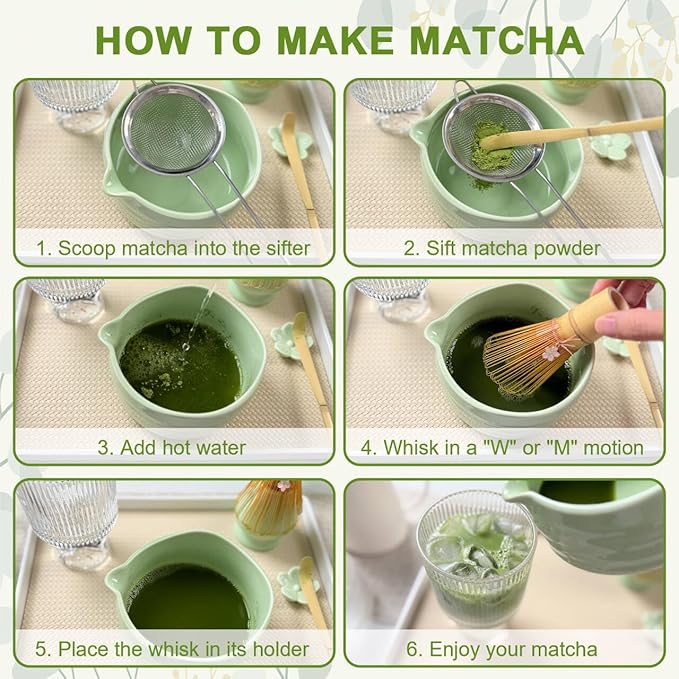 Matcha Set–7-Piece Set Including Matcha Bowl with Spout, Whisk, Chasen Holder, Sifter, Bamboo Scoop,Scoop Stand,wood spoon(Daisy Green)–Perfect for Matcha Lovers&Tea Ceremonies