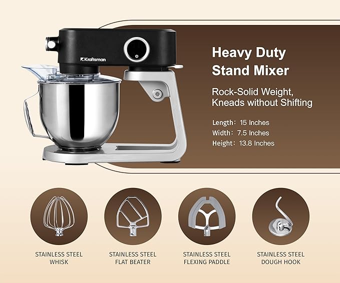 Stand Mixer All Metal - Heavy Duty Kitchen Standing Mixer 5.3 Quart with 4 Stainless Steel Attachments, DC Motor & Multifunctional Power Hub, 8-Speed & Timer, Lower Noise (Black)
