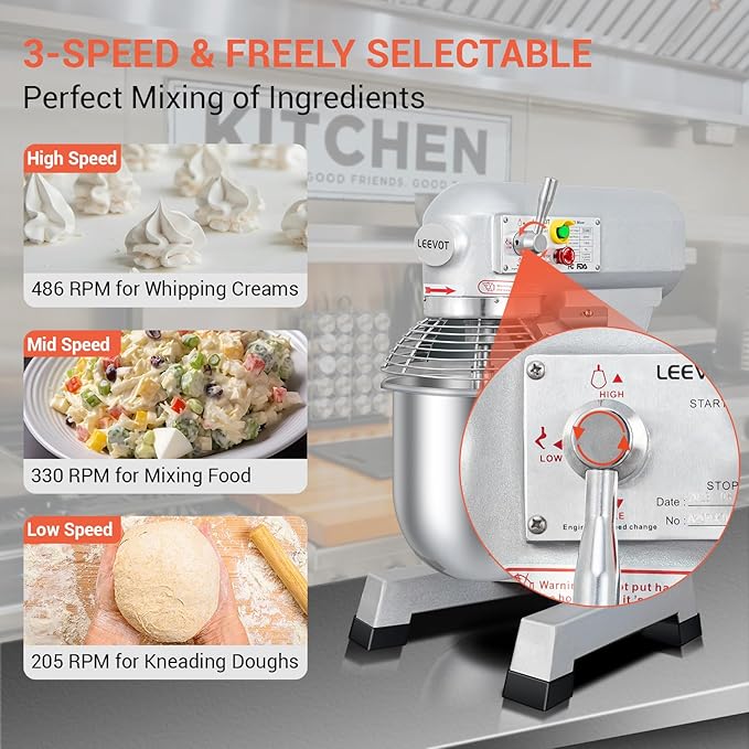 15 QT Bread Mixer, Commercial Industrial Grade Food Stand Mixer with Stainless Steel Bowl and 3 Types of Mixing Tools, Built for Professional Baking: Effortlessly Handles Large Recipes