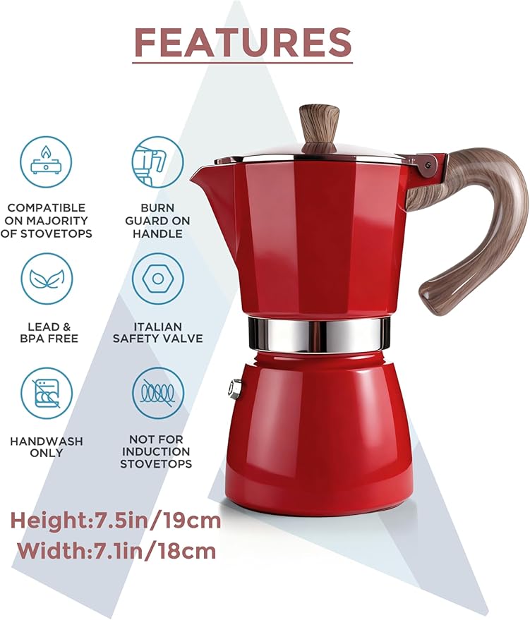 AGOGO Milano Moka Pot, Stovetop Espresso Maker, Greca, Coffee Percolator, Turkish Coffee Maker with Paper Filter 6 Cup Red