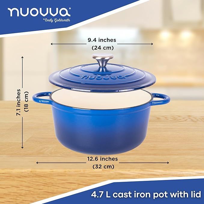 Cast Iron Pot with Lid – Non-Stick Ovenproof Enamelled Casserole Pot, Oven Safe up to 500° F – Sturdy Dutch Oven Cookware – Dark Blue, 5-Quart, 24cm – by Nuovva