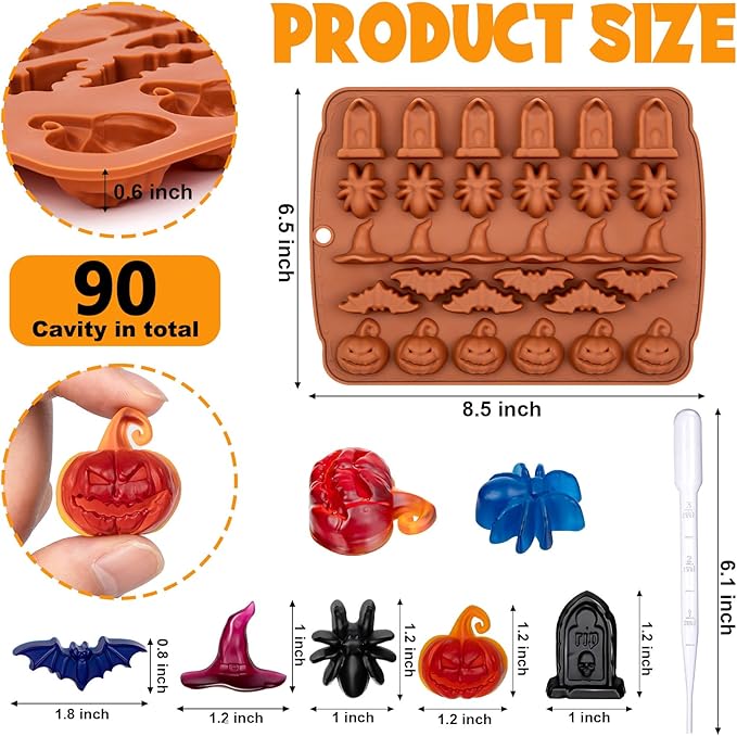 Halloween Chocolate Silicone Mold 3 Pack 3D Pumpkin Bat Witch Hat Spider Tombstone Shaped Candy Molds for Chocolate