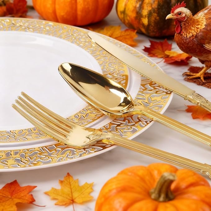 WDF 300 Pieces Gold Plastic Silverware Disposable - Heavy Duty Thanksgiving Plastic Cutlery - Gold Silverware Sets Includes 100 Forks, 100 Spoons, 100 Knives