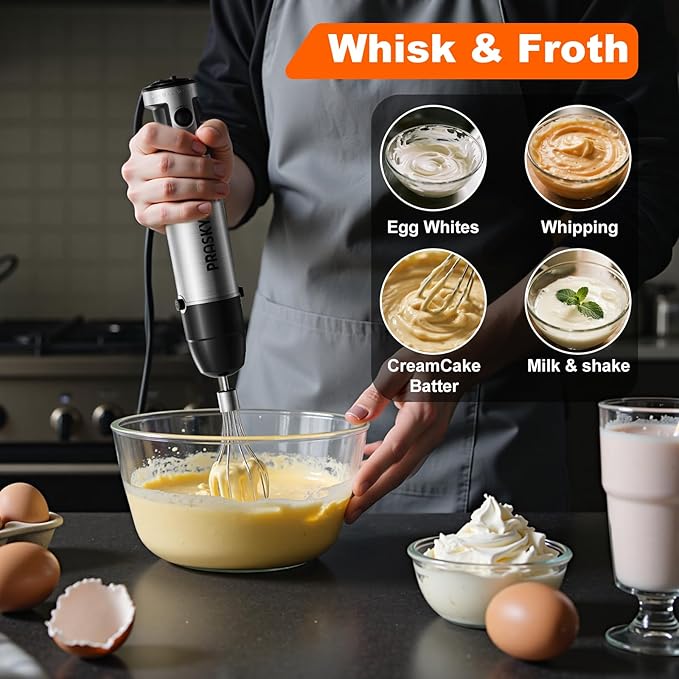Immersion Blender, PRASKY 1200W 20 Speeds Electric Handheld Portable Stick Mixer, 5-in-1 Hand Blender Stainless Steel with Turbo Mode,Chopper, Whisk, Milk Frother for Soup, Smoothies,Puree, Baby Food