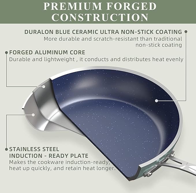 Nuwave 9pc Cookware Set Healthy Duralon Blue Ceramic Nonstick Coated, Diamond Infused Scratch-Resistant, PFAS Free, Oven Safe, Induction Ready & Evenly Heats, Tempered Glass Lids & Stay-Cool Handle