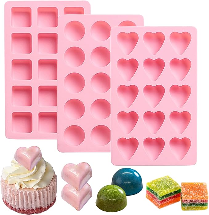 3PCS Hard Candy Molds Silicone, Gummy Chocolate Silicone Mold, Candle Soap Wax Melts Mold, 15 Cavity Heart Silicones Molds for Gummy, Hard Candy, Ice, Wax (Including Square, Round, Heart)