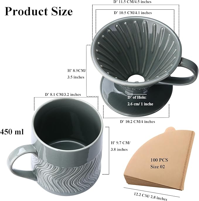 Pour Over Coffee Maker with 100 Sheets of V60 Paper Filter, 15 oz Ceramic Coffee Mug & Coffee Dripper, 1 Cup-Single brew coffee set, Grey