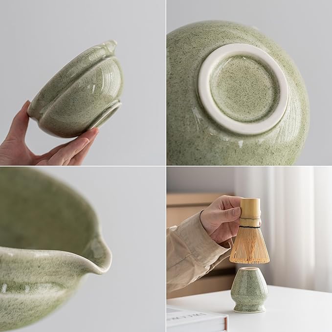 Matcha Whisk Set – 8 Pcs Matcha Set with Ceramic Bowl with Spout, Bamboo Whisk, Holder, Scoop, Sifter, and Tea Towel – Complete Japanese Matcha Kit for Ceremony and Gift (Matcha Green)