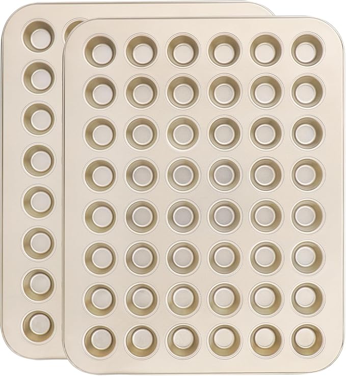 Beasea Nonstick Mini Muffin Pan 48 Cups, 2 Pack 48 Mini Small Tiny Cup Non Stick Muffin Baking Pan Tin Tray Carbon Steel Bakeware Individual Cupcake Baking Pan - Gold