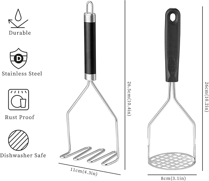 2PCS Potato Masher, OLULU Heavy Duty Stainless Steel Mashed Potatoes Masher, Masher Kitchen Tool for Avocado, Potatoes, Beans, Meat, Vegetables, 10.24inch, Dishwasher Safe