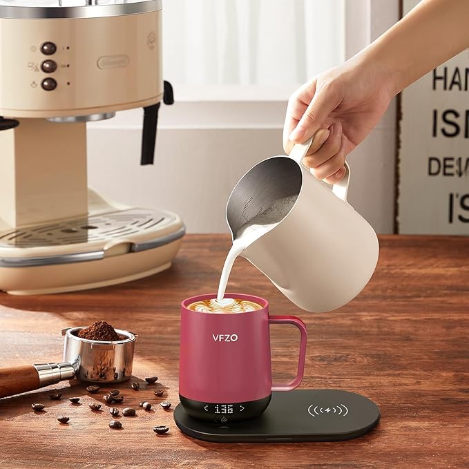 Temperature Control Smart Mug, Self Heating Coffee Mug LED Display, 180 Min Battery Life - Hot up to 149℉ Fast Wireless Charger Base Improved Design coffee serving sets(12oz, Dusty Rose)