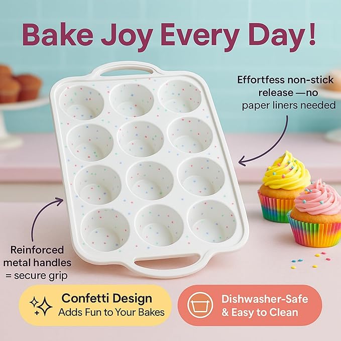 2 Pack Regular Muffin Pan - 12 Cup Silicone Muffin Pan for Baking with Metal Reinforced Frame - Regular Size Cupcake Pan, BPA Free Silicone Muffin Tray - Oven & Dishwasher Safe - Cream