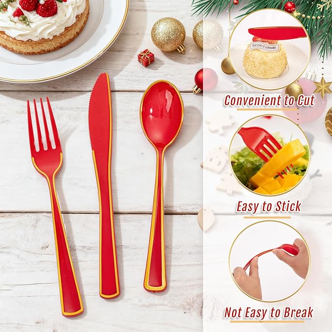 WDF 180 Pieces Red and Gold Plastic Silverware - Disposable Christmas Utensils Include 60 Forks, 60 Knives and 60 Spoons - Heavy Duty Red Plastic Cutlery - for Christmas/Party