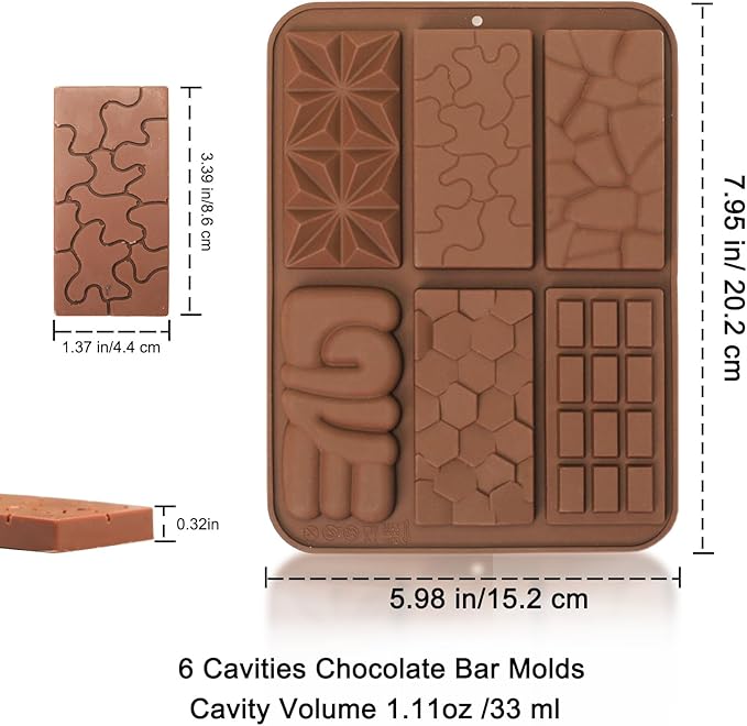 Thin Chocolate Bar Molds, 6 Shapes Break Apart Chocolate Molds Silicone for Candy/Gummy/Wax Melts/Resin, 2 Pcs Fruit Snack Molds for Fondant/Jelly/Desserts