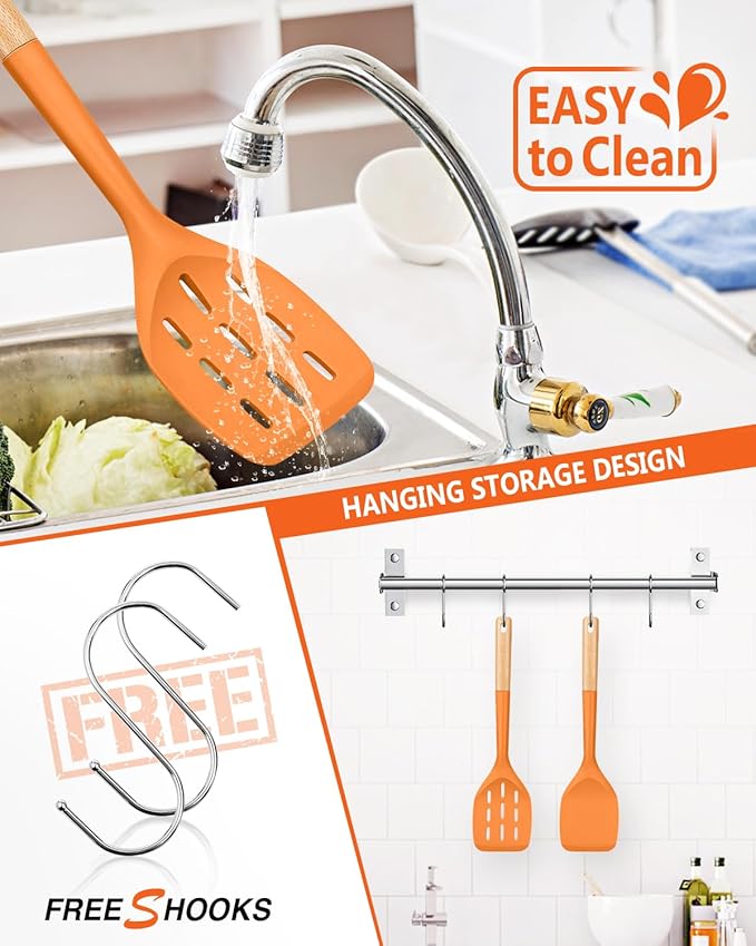Pack of 2 Silicone Spatula, Non Stick Cooking Utensil Set, Wooden Handle Kitchen Turner for Baking Mixing Grilling Serving Food Heat Resistant (ORANGE)