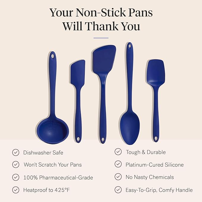 GIR: Get It Right 5-Piece Silicone Ultimate Kitchen Utensils Set - Ladle, Spatula, Flip, Spoon & Spoonula - Non-Toxic Cooking Utensils for Nonstick Cookware, Cooking and Baking - Navy