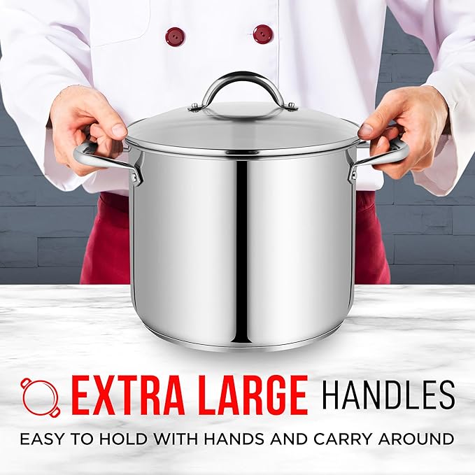 Stainless Steel Stockpot with Tempered Glass Lid 20 Quart, Durable 18/0 Stainless Steel, Impact-Bonded Base for Even Heating, Riveted Handles, Oven & All Stove Compatible, Safe Up To 500°F (260°C)