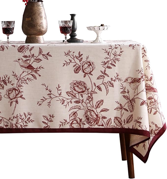 ISAENNE Designer Vintage Linen Rectangular Tablecloth,Red Floral Pattern Linen Stain Resistant Table Cloth,Decor Tablecloths for Dining Thanksgiving Kitchen Tea Party,55"*87"-Harmony
