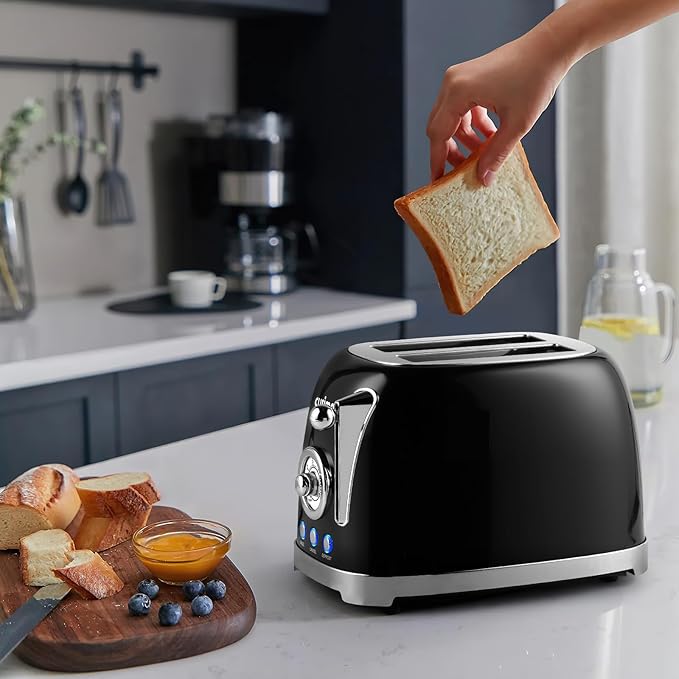 CUSIMAX Toaster 2 Slice with Extra Wide Slots for Bagels, Stainless Steel with 6 Toast Settings and 4 Functions, Bagel, Cancel, Defrost & Reheat, Removable Crumb Tray, Retro Toaster Black
