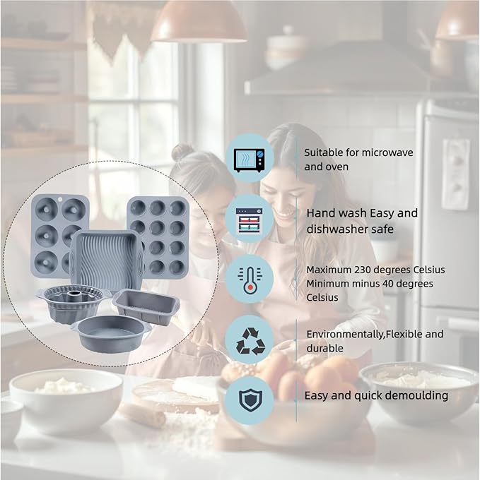 Nonstick Silicone Bakeware Set, 6 set Baking Cake Pan, Economical BPA Free Heat Resistant Bakeware Tools for DIY Loaf Bread Cheesecake Pizza Cupcake Muffin (Gray)