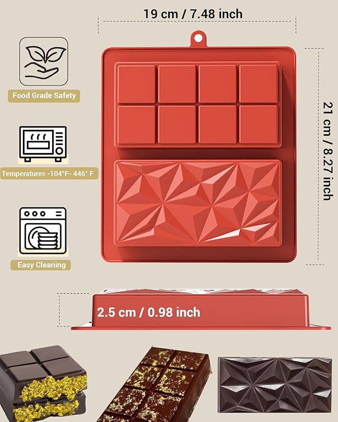 Silicone Chocolate Bar Mold, 1 Inch Deep, Large Candy Mould for Stuffed Bars and Fillings, 2 Pcs