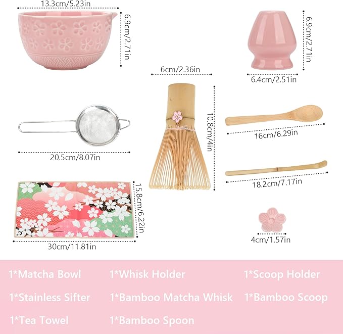 Matcha Whisk Set, Ceramic Matcha Set Includes Matcha Bowl, Bamboo Matcha Whisk and Holder, Bamboo Scoop, Scoop Holder, matcha sifter and Tea Towel - Matcha Kit for Matcha Lovers (Pink)