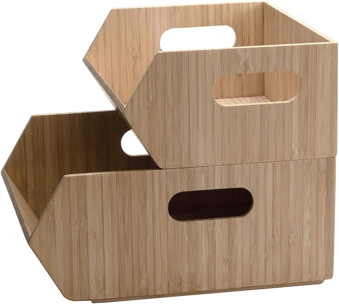 Mobilevision XL Versatile Bamboo Storage Bins for Pantry & Kitchen Cabinet Organizer Multi-Purpose / 2 Piece Stackable Set Larger Bins