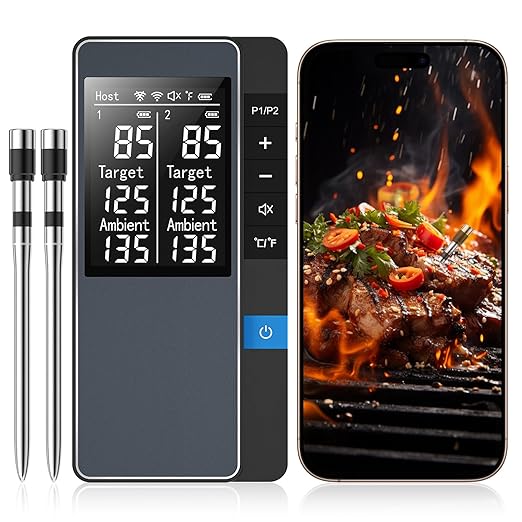 Smart Bluetooth Wireless Meat Thermometer, Real-Time Monitoring Control Digital Thermometer with Smart App, 2 Meat Probes IP67 Waterproof High Accuracy Perfect for BBQ, Oven, Grill & Smoker