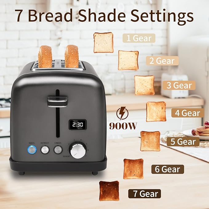 SEEDEEM Toaster 2 Slice, LCD Display, 7 Shade Settings, 1.4'' Wide Slots, Stainless Steel Digital Toaster for Bagel, Defrost, Reheat, Removable Crumb Tray, 900W, Grey