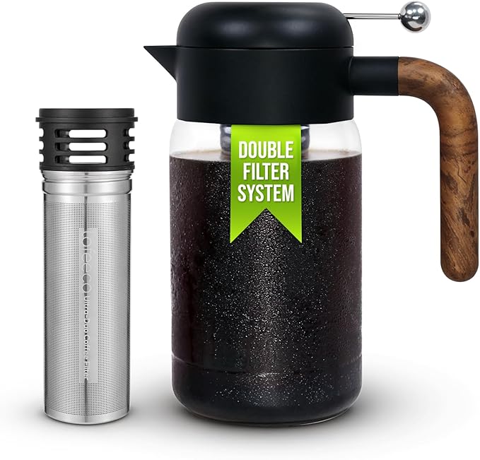 LAFEECA Cold Brew Coffee Maker - Iced Tea Brewer with Airtight Lid - Stainless Dual Ultra Filter - Tritan Pitcher - 1500 ml / 51 oz - Black