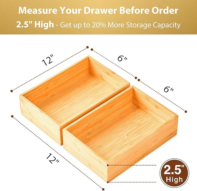 Umilife Bamboo Kitchen Utensils Organizer, Extra High Silverware Drawer Holder, Flatware Cutlery Storage Box, Multi-Use Drawer Divider in Office, Bathroom, Pantry - 12"x6"x2.5" (Set of 2)