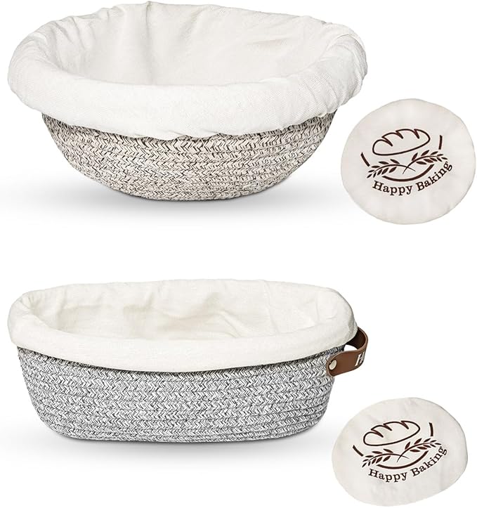 Sourdough Proofing Basket, 9" Round & 10" Oval Cotton Rope Banneton Basket Set with Washable Liners & Covers Artisan Bread Baking Supplies, Banneton Bread Proofing