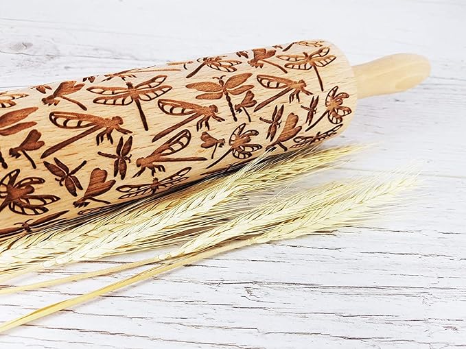 DRAGONFLY EMBOSSING ROLLING PIN WOODEN EMBOSSING ROLLING PIN with DRAGONFLY for EMBOSSED COOKIES GIFT for MOTHER FRIEND