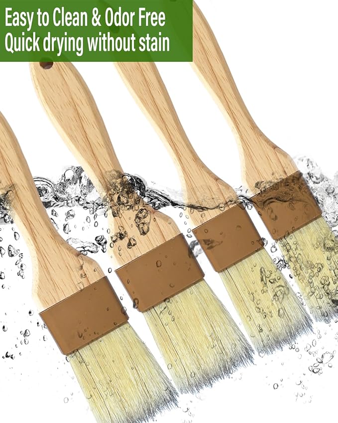 Natural Bristle Basting & Pastry Brush Set - 1.5"& 1" Food Grade Cooking Brushes, Not Shedding, for Turkey Basting, Butter, Egg Wash, Baking (4 Pc)