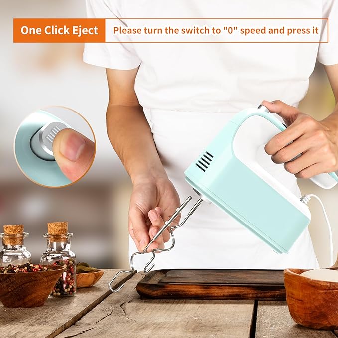 9-Speed Digital Hand Mixer Electric, 400W Powerful DC Motor, Baking Mixer Handheld with Snap-On Storage Case, 5 Stainless Steel Accessories, Flat Beaters, Dough Hooks, Whisk (Ice Blue & White)