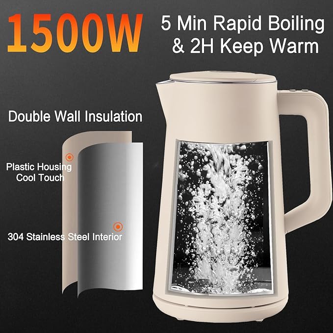 1.5L Electric Kettle Stainless Steel, Double Wall Cool Touch Teapot, Fast Boil,5 Temperature Control, LED Display, Auto Shut-Off,Keep Warm Function,Cream White