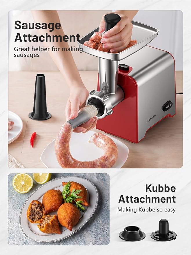 KEENSTAR Electric Meat Grinder, Sausage Stuffer Maker 450W Food Grinder with Blade & 3 Plates, Sausage Stuffer Tubes & Kubbe Kit, Stainless Steel Meat Mincer Machine for Home Kitchen Use (Red)
