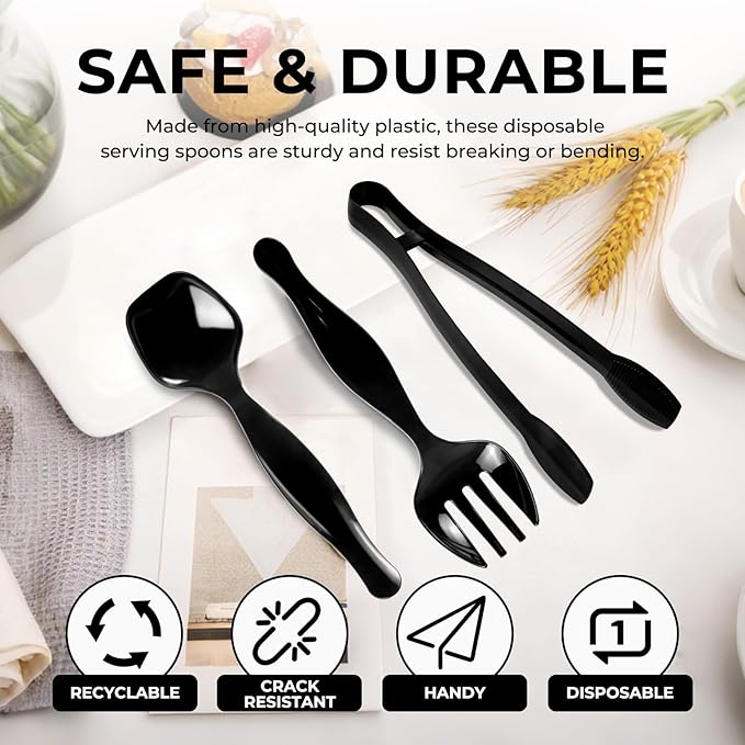18 Count Plastic Serving Utensils Set, Disposable Serving Utensils for Catering Party Events, Including Black Plastic Spoons, Tongs and Forks (Black, 18pcs utensils)