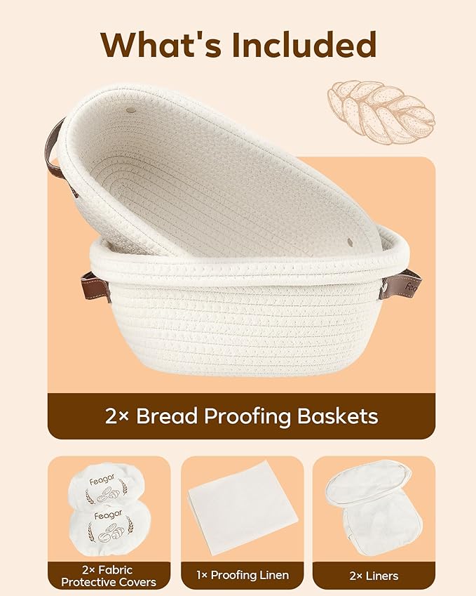 Feagar Banneton Bread Proofing Basket Set - 2 Pack Oval Cotton Rope Bread Basket with Liners, Covers & Proofing Cloth for Artisan Bread Baking, Sourdough Bread Baking Supplies