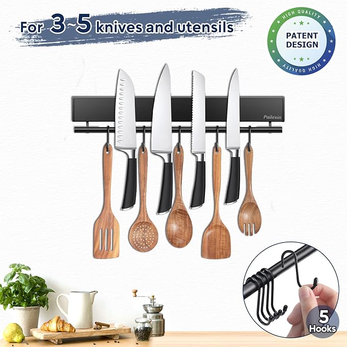 12 Inch Magnetic Knife Holder with 5 Hooks, No Drilling Black Magnetic Strip and Utensil Hanger for Wall