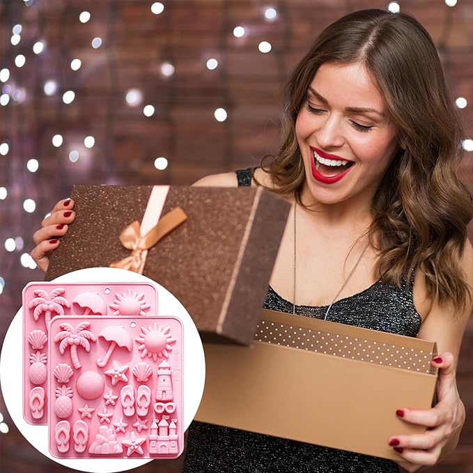 Summer Beach Theme Silicone Molds, Summer Beach Chocolate Silicone Molds 44 Cavity Gummy Mold Candy Mold for DIY Resin Product Cookie Ice Cube Baking Mould 2PCS Pink