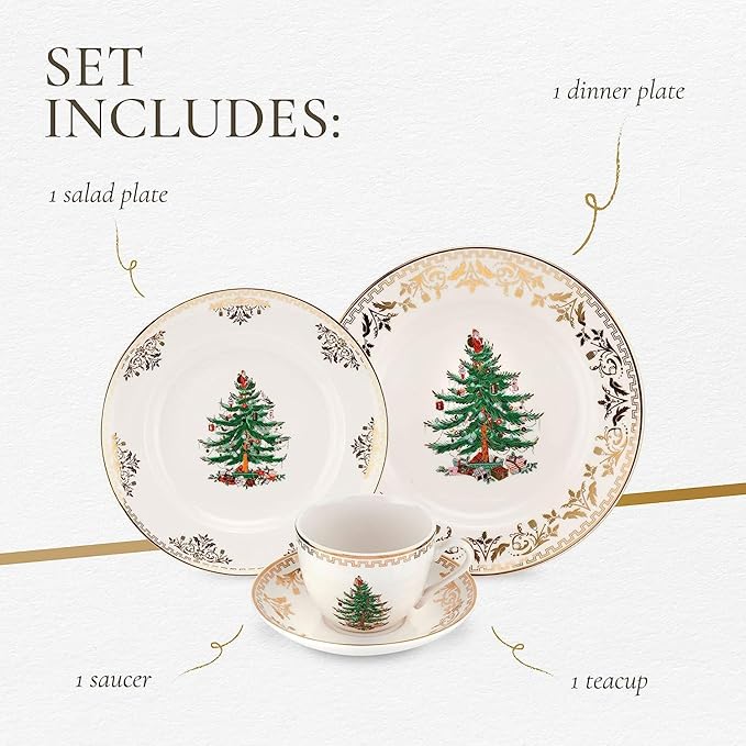 Spode Christmas Tree Gold 4-Piece Holiday Dinnerware Set - Fine Earthenware Tableware with 22K Gold Accents - Dinner Plate, Salad Plate, Teacup & Saucer - Festive Christmas Tableware, Dishwasher Safe