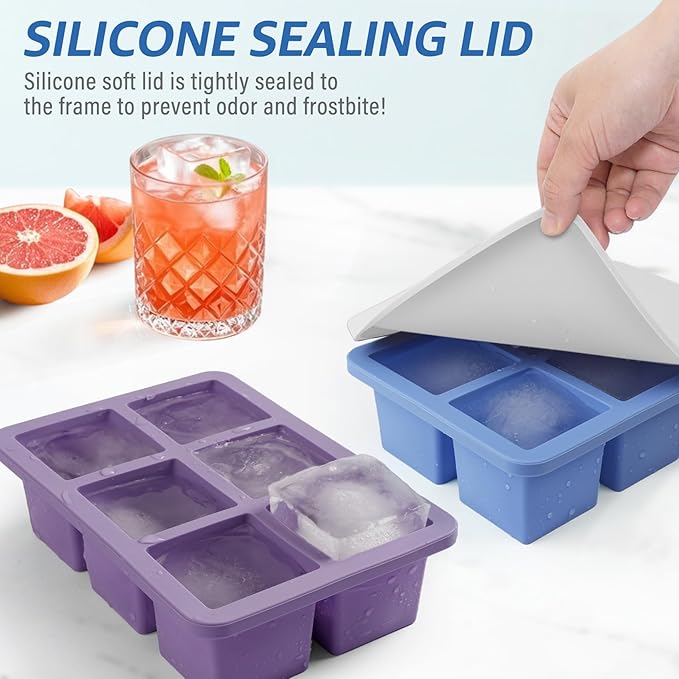 mossime Large Ice Cube Molds: 3pack Square Whiskey Silicone Ice Cube Trays With Lid - Old Fashioned Cocktail Big Ice Cube Tray- 2inch Easy Release Freezer Maker for Baby Food Soup & Juice