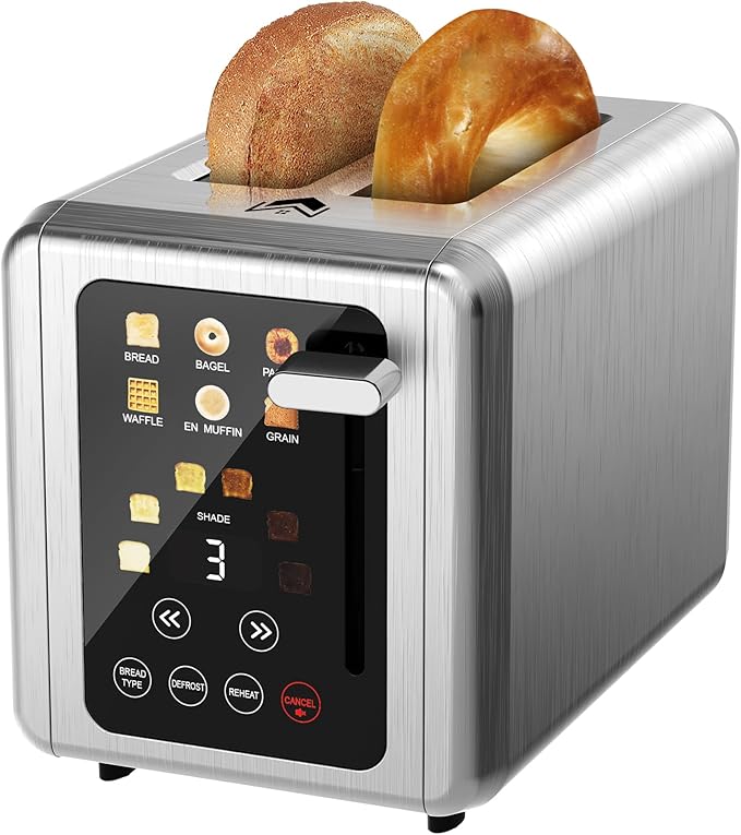 Touch screen Toaster 2 slice,Stainless Steel Digital Timer Toasters with Sound Function,6 Bread Types & 6 Shade Settings,Smart Extra Wide Slots Toaster with Bagel,Defrost Functions,Brushed steel